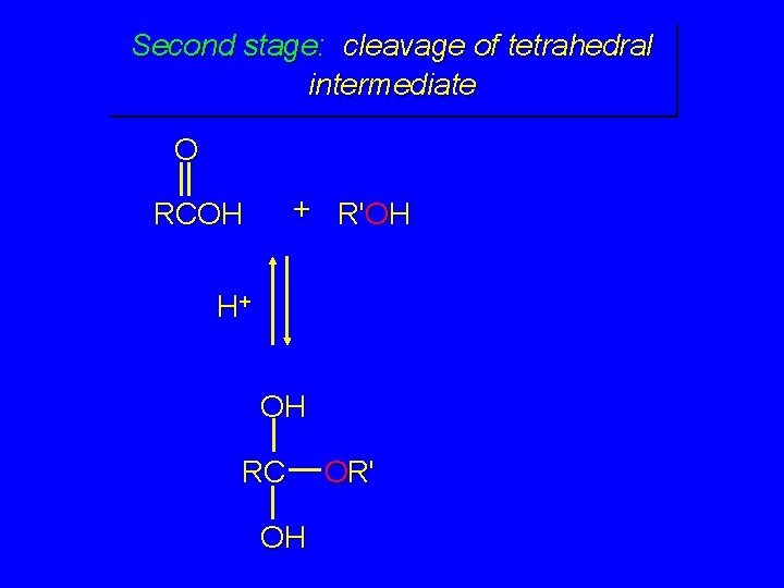 Second stage: cleavage of tetrahedral intermediate O + R'OH RCOH H+ OH RC OH