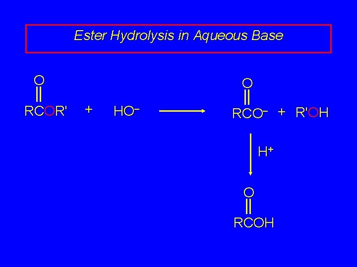 Ester Hydrolysis in Aqueous Base O RCOR' O + HO– RCO– + R'OH H+