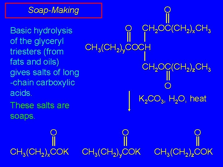 O Soap-Making O CH 2 OC(CH 2)x. CH 3 Basic hydrolysis of the glyceryl