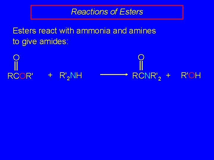 Reactions of Esters react with ammonia and amines to give amides: O O RCOR'