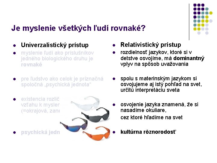 Je myslenie všetkých ľudí rovnaké? l Univerzalistický prístup l Relativistický prístup l myslenie ľudí