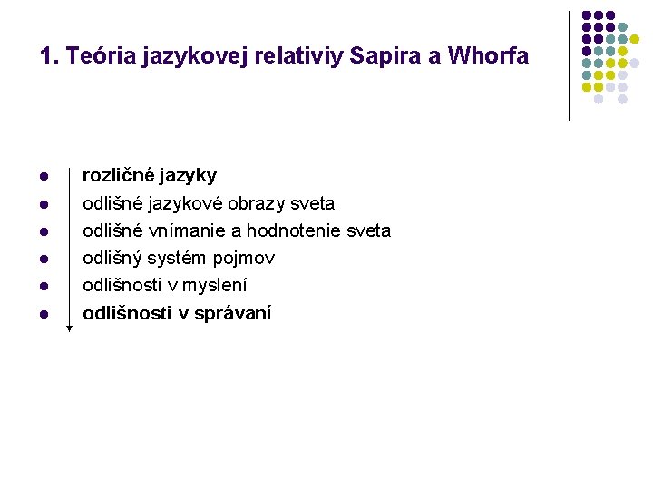 1. Teória jazykovej relativiy Sapira a Whorfa l l l rozličné jazyky odlišné jazykové