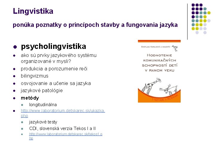 Lingvistika ponúka poznatky o princípoch stavby a fungovania jazyka l l l l psycholingvistika