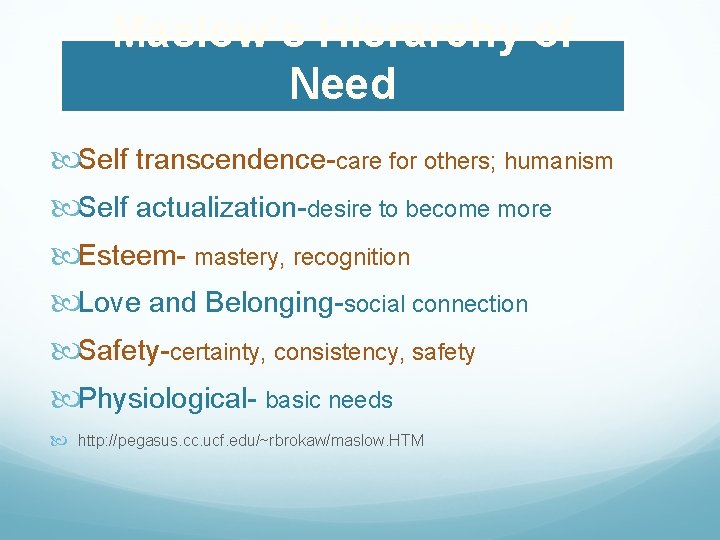 Maslow’s Hierarchy of Need Self transcendence-care for others; humanism Self actualization-desire to become more