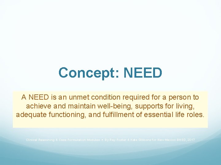 Concept: NEED A NEED is an unmet condition required for a person to achieve