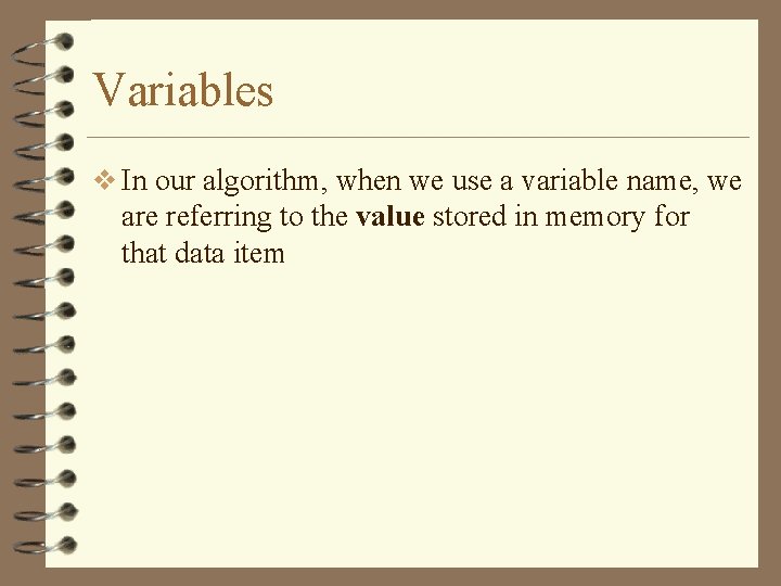 Variables v In our algorithm, when we use a variable name, we are referring