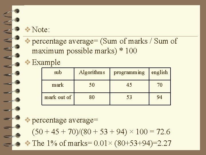 v Note: v percentage average= (Sum of marks / Sum of maximum possible marks)
