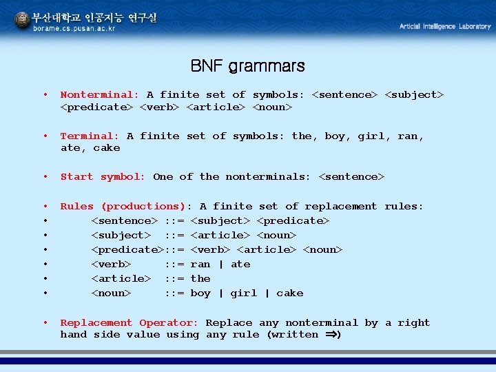 BNF grammars • Nonterminal: A finite set of symbols: <sentence> <subject> <predicate> <verb> <article>