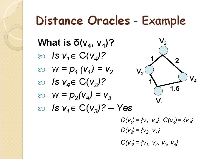 Distance Oracles - Example What is δ(v 4, v 1)? Is v 1 C(v