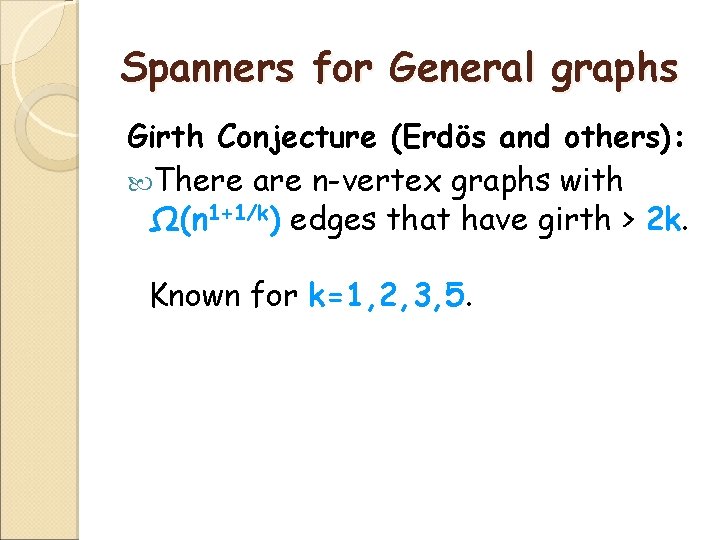 Spanners for General graphs Girth Conjecture (Erdös and others): There are n-vertex graphs with