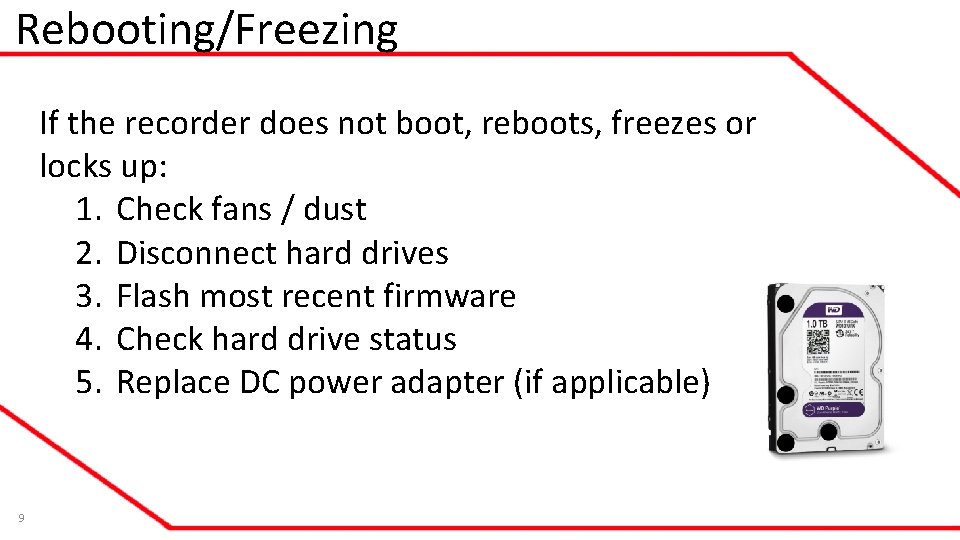 Rebooting/Freezing If the recorder does not boot, reboots, freezes or locks up: 1. Check Rebooting/Freezing If the recorder does not boot, reboots, freezes or locks up: 1. Check