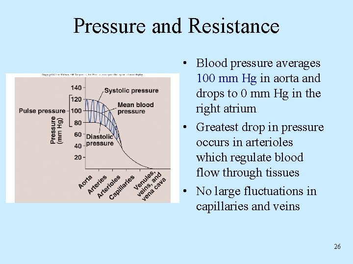 Pressure and Resistance • Blood pressure averages 100 mm Hg in aorta and drops