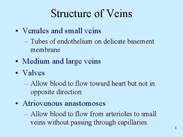 Structure of Veins • Venules and small veins – Tubes of endothelium on delicate