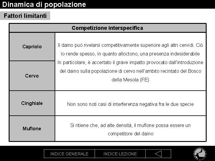 Dinamica di popolazione Fattori limitanti Competizione interspecifica Capriolo Il daino può rivelarsi competitivamente superiore