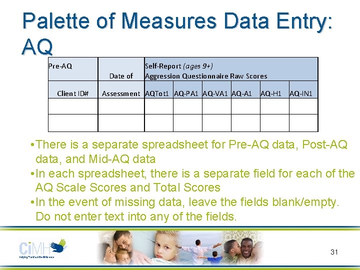 Palette of Measures Data Entry: AQ Pre-AQ Client ID# Date of Self-Report (ages 9+)