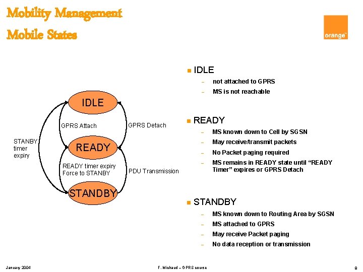 Mobility Management Mobile States n IDLE – not attached to GPRS – MS is