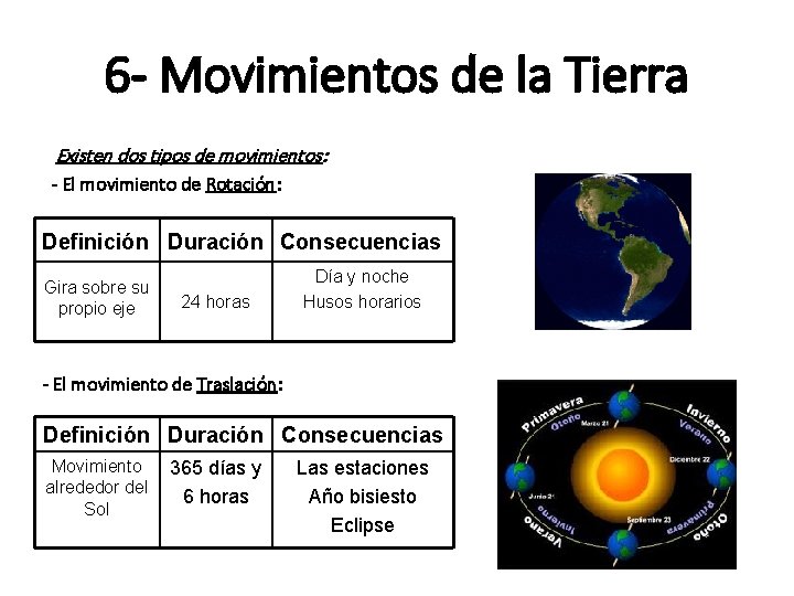 6 - Movimientos de la Tierra Existen dos tipos de movimientos: - El movimiento