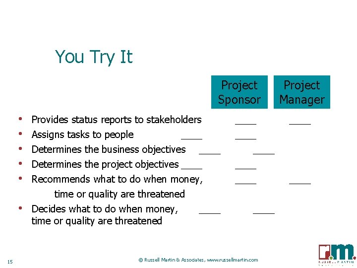 You Try It Project Sponsor • • • 15 Project Manager Provides status reports