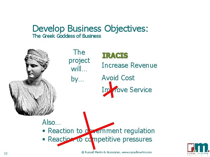Develop Business Objectives: The Greek Goddess of Business The project will… by… IRACIS Increase