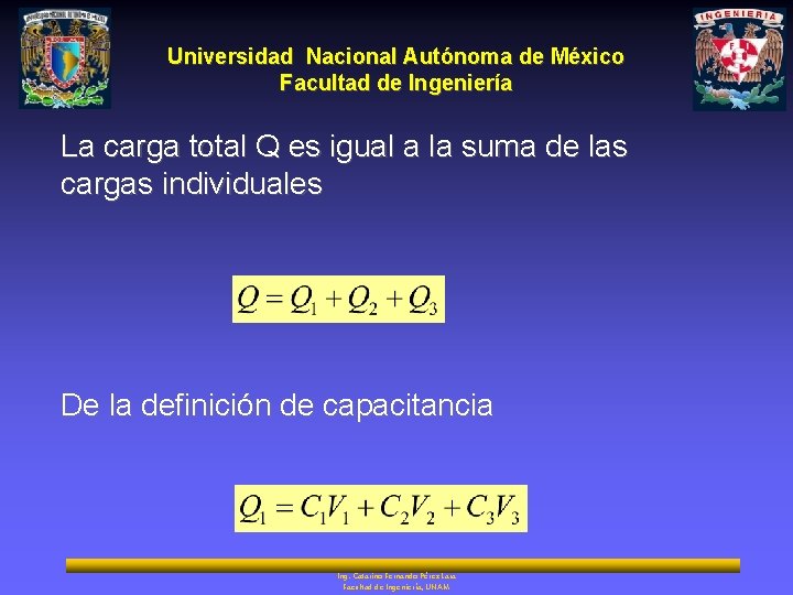 Universidad Nacional Autónoma de México Facultad de Ingeniería La carga total Q es igual