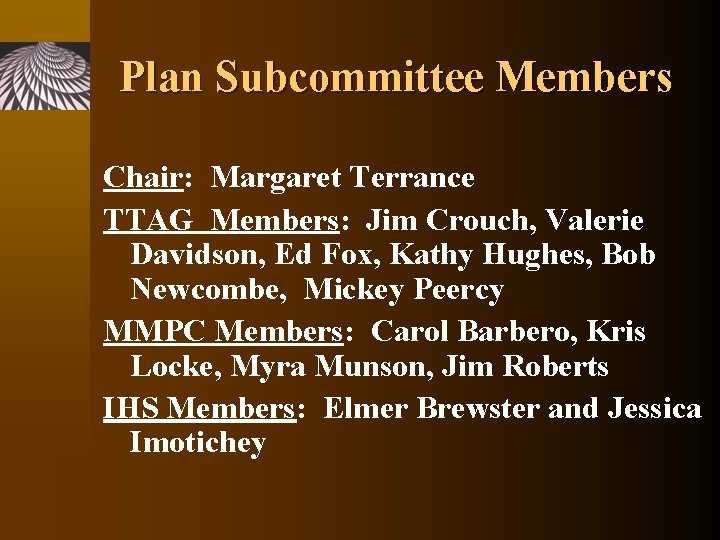 Plan Subcommittee Members Chair: Margaret Terrance TTAG Members: Jim Crouch, Valerie Davidson, Ed Fox,