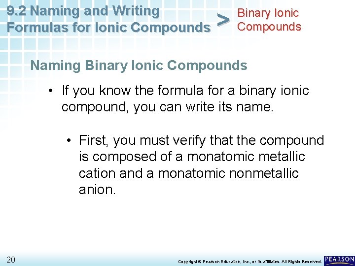 9. 2 Naming and Writing Formulas for Ionic Compounds > Binary Ionic Compounds Naming 9. 2 Naming and Writing Formulas for Ionic Compounds > Binary Ionic Compounds Naming