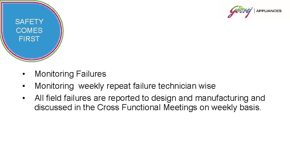 SAFETY COMES FIRST • • • Monitoring Failures Monitoring weekly repeat failure technician wise