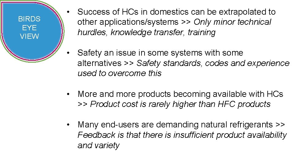 BIRDS EYE VIEW • Success of HCs in domestics can be extrapolated to other