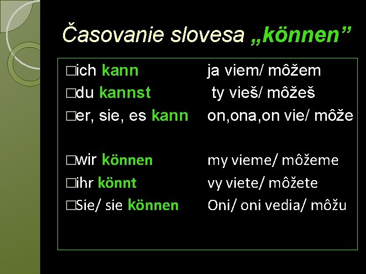 Časovanie slovesa „können” �ich kann �du kannst �er, sie, es kann ja viem/ môžem