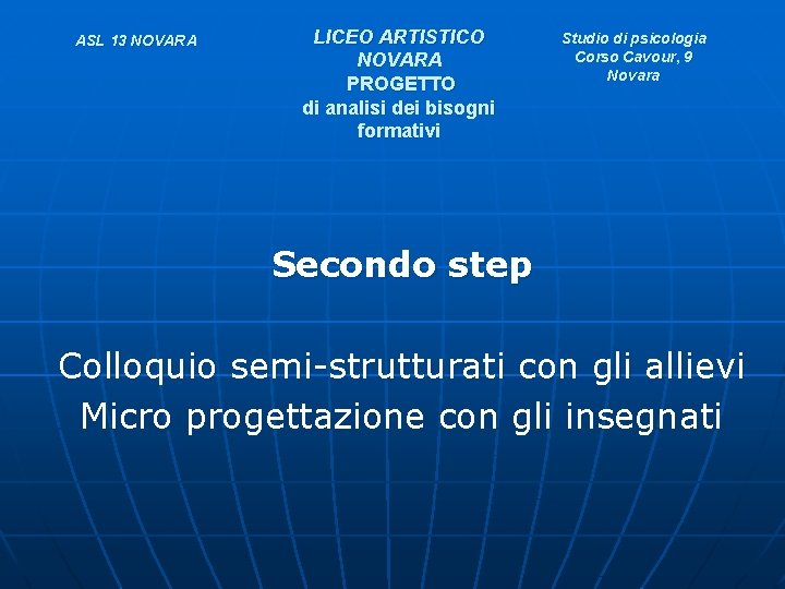 ASL 13 NOVARA LICEO ARTISTICO NOVARA PROGETTO di analisi dei bisogni formativi Studio di