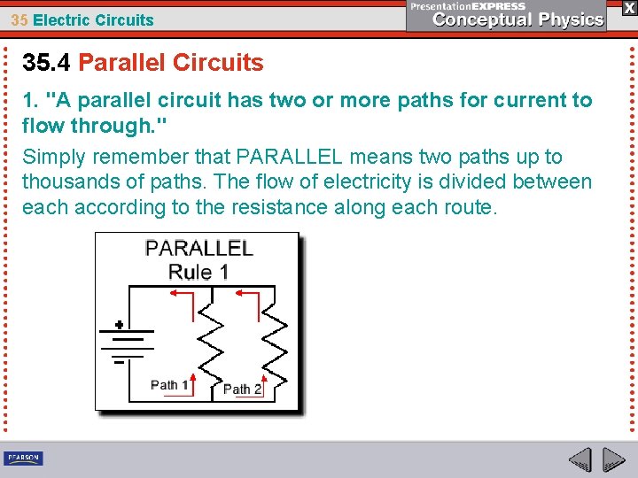 35 Electric Circuits 35. 4 Parallel Circuits 1. "A parallel circuit has two or