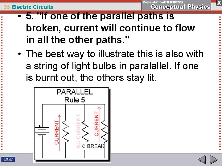 35 Electric Circuits • 5. "If one of the parallel paths is broken, current