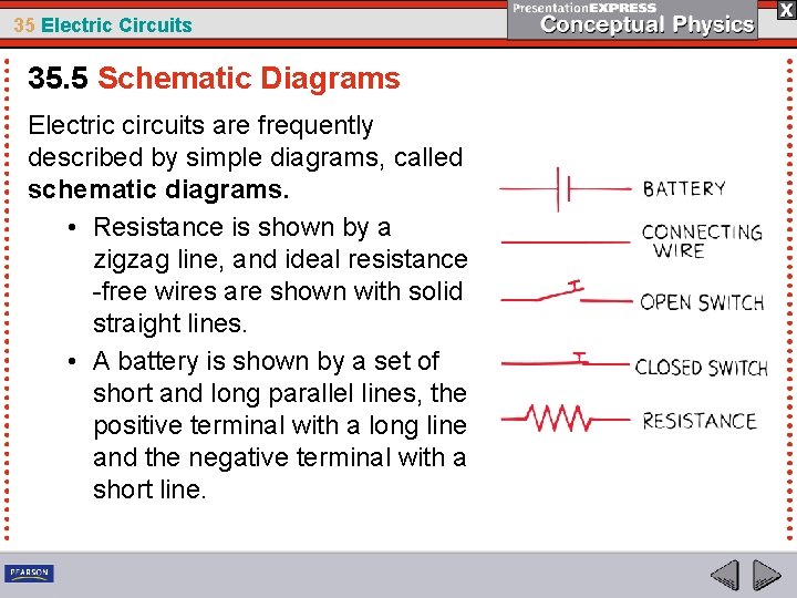 35 Electric Circuits 35. 5 Schematic Diagrams Electric circuits are frequently described by simple