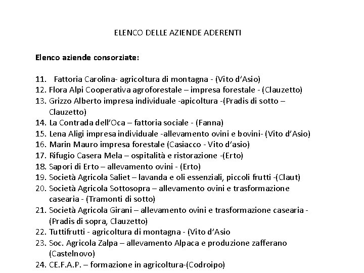 ELENCO DELLE AZIENDE ADERENTI Elenco aziende consorziate: 11. Fattoria Carolina- agricoltura di montagna -