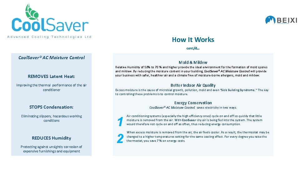 How It Works Advanced Cooling Technologies Ltd cont/d… Cool. Saver® AC Moisture Control REMOVES