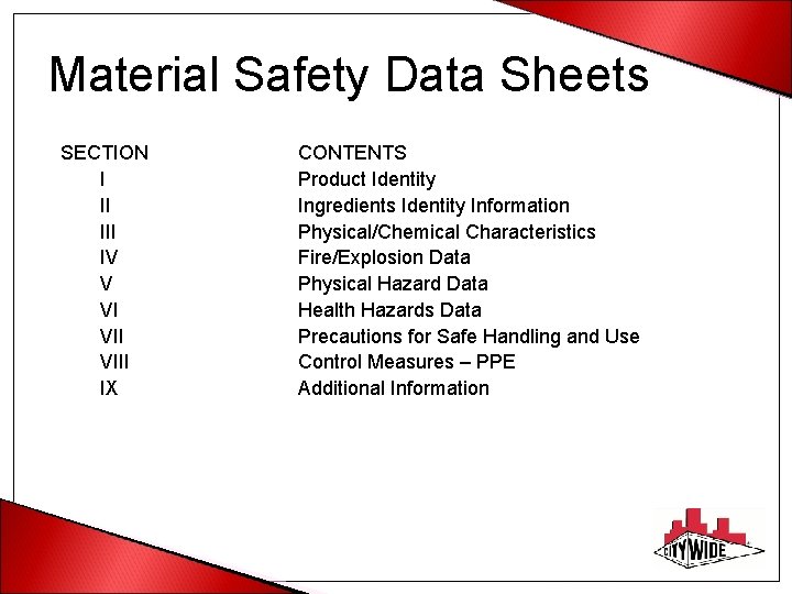 Material Safety Data Sheets SECTION I II IV V VI VIII IX CONTENTS Product
