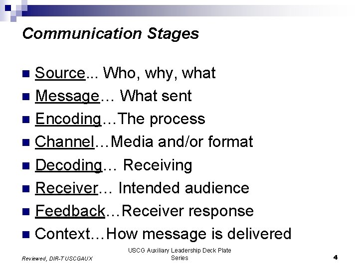 Communication Stages Source. . . Who, why, what n Message… What sent n Encoding…The