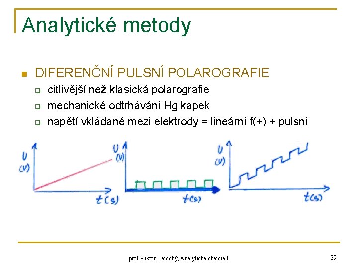 Analytické metody n DIFERENČNÍ PULSNÍ POLAROGRAFIE q q q citlivější než klasická polarografie mechanické