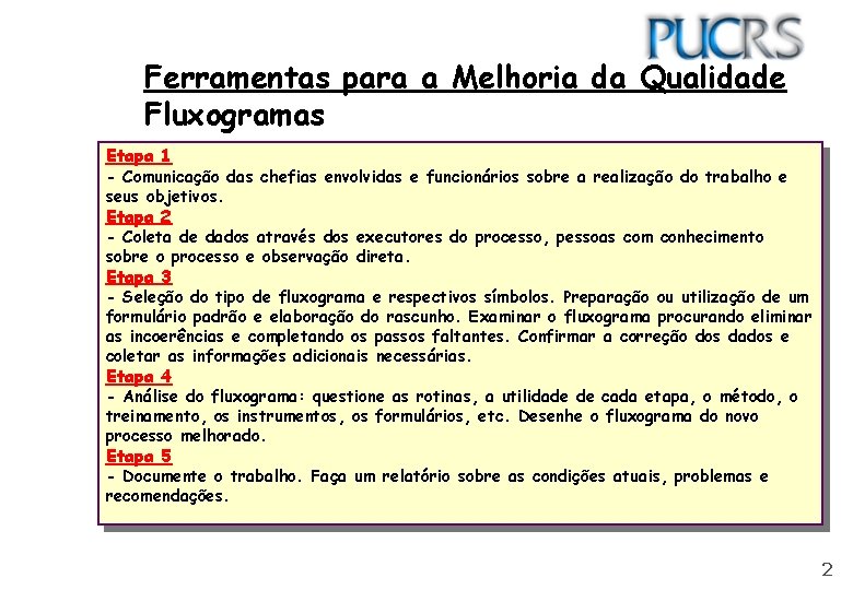 Ferramentas para a Melhoria da Qualidade Fluxogramas Etapa 1 - Comunicação das chefias envolvidas