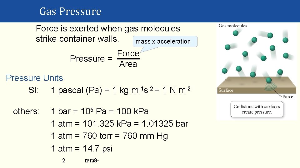 Gas Pressure Force is exerted when gas molecules strike container walls. mass x acceleration