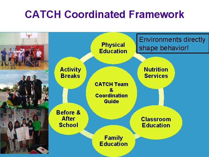 CATCH Coordinated Framework Physical Education Environments directly shape behavior! Nutrition Services Activity Breaks CATCH