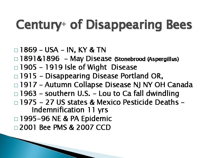Century+ of Disappearing Bees � 1869 – USA - IN, KY & TN �