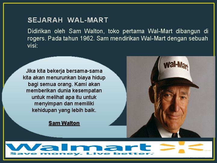 SEJARAH WAL-MART Didirikan oleh Sam Walton, toko pertama Wal-Mart dibangun di rogers. Pada tahun