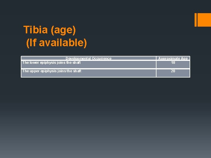 Tibia (age) (If available) Developmental Occurrence The lower epiphysis joins the shaft The upper