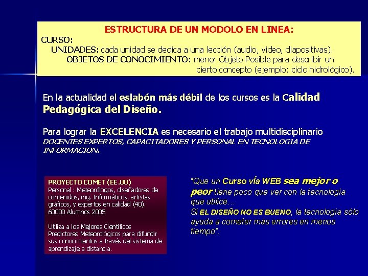 ESTRUCTURA DE UN MODOLO EN LINEA: CURSO: UNIDADES: cada unidad se dedica a una