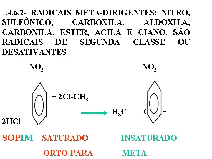 1. 4. 6. 2 - RADICAIS META-DIRIGENTES: NITRO, SULFÔNICO, CARBOXILA, ALDOXILA, CARBONILA, ÉSTER, ACILA