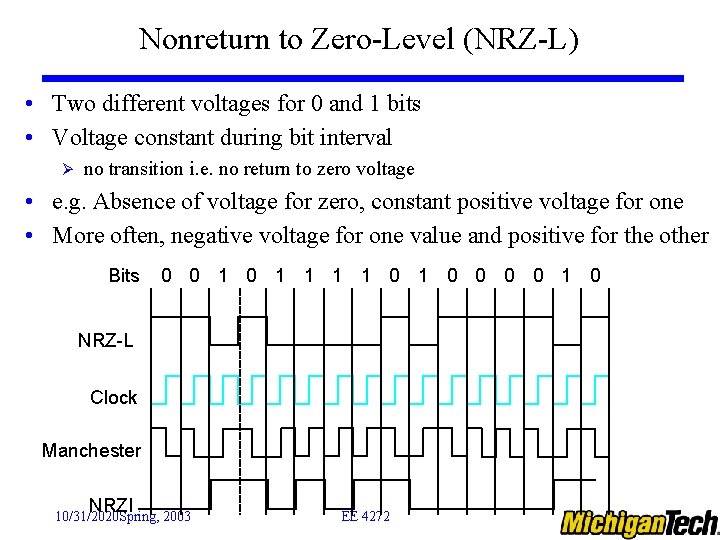 Nonreturn to Zero-Level (NRZ-L) • Two different voltages for 0 and 1 bits •