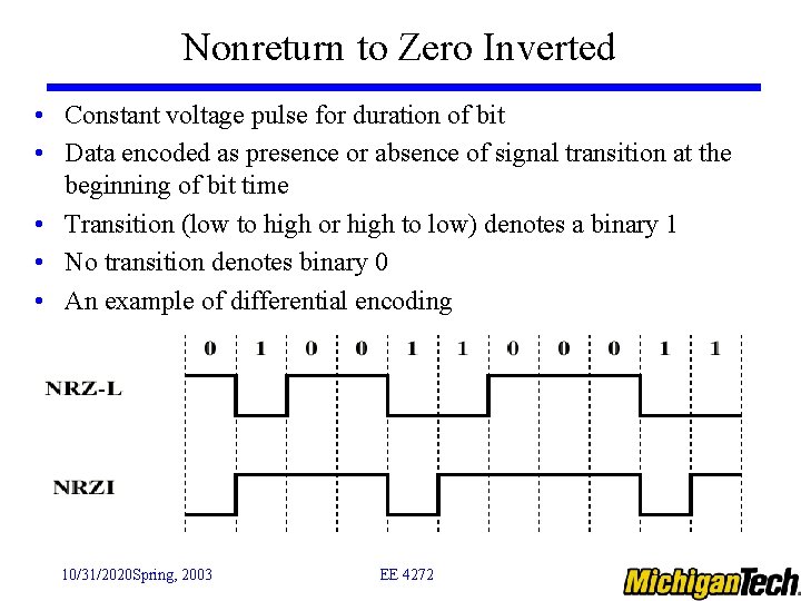Nonreturn to Zero Inverted • Constant voltage pulse for duration of bit • Data