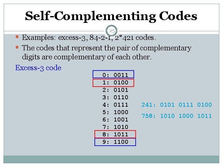 Self-Complementing Codes 25 § Examples: excess-3, 84 -2 -1, 2*421 codes. § The codes