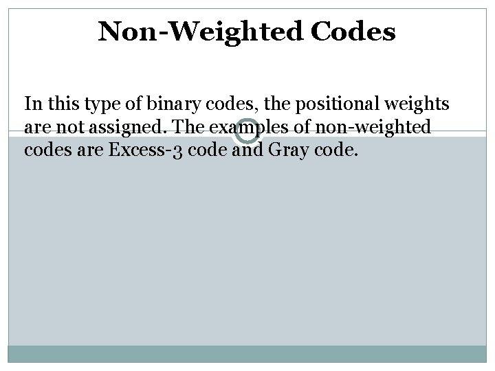 Non-Weighted Codes In this type of binary codes, the positional weights are not assigned.